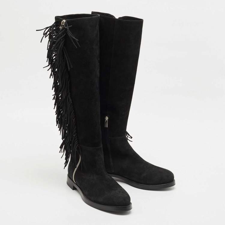 Pre Owned Le Silla Black Suede Fringe Trim Knee Length Boots Size 37.5