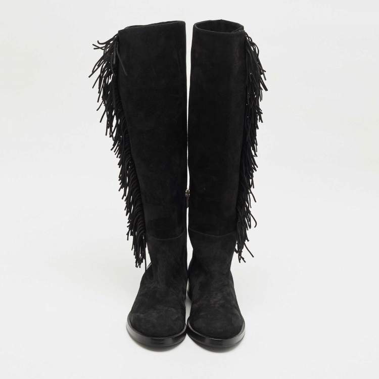 Pre Owned Le Silla Black Suede Fringe Trim Knee Length Boots Size 37.5