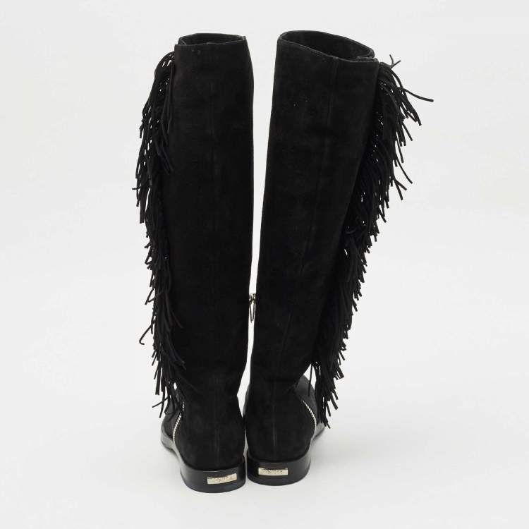 Pre Owned Le Silla Black Suede Fringe Trim Knee Length Boots Size 37.5