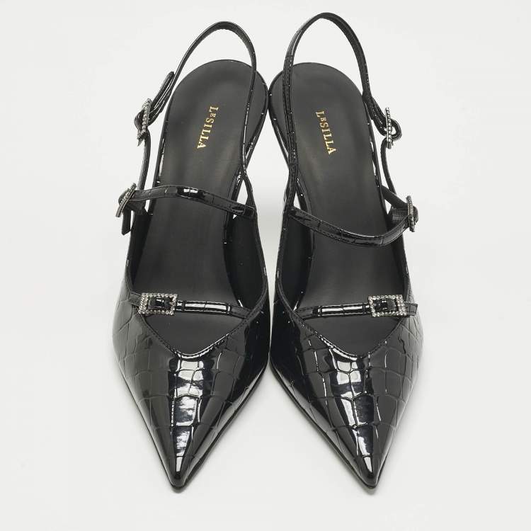 Pre Owned Le Silla Black Croc Embossed Patent Leather  Bella Slingback Pumps Size 38
