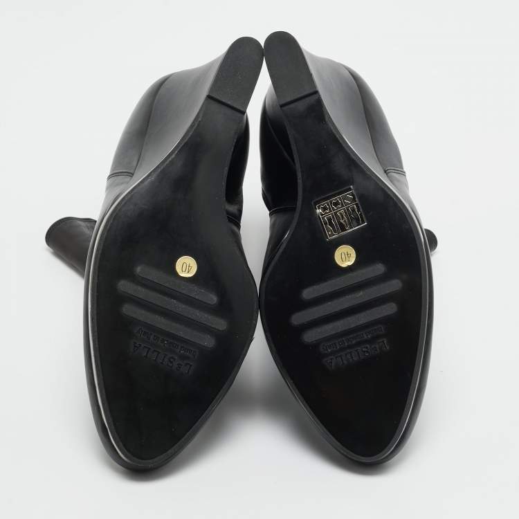 Pre Owned Le Silla Black Leather Wedge Ankle Boots Size 40