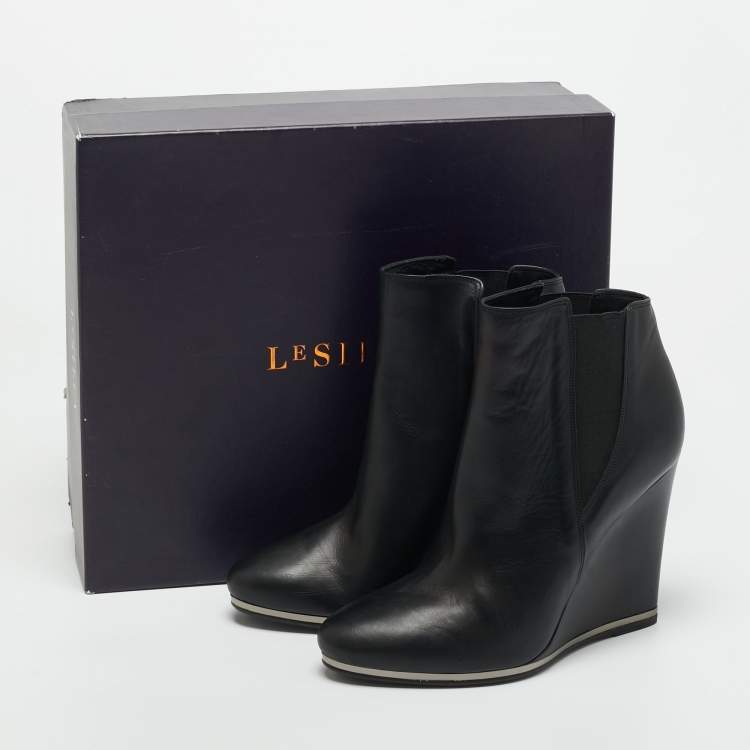 Pre Owned Le Silla Black Leather Wedge Ankle Boots Size 40