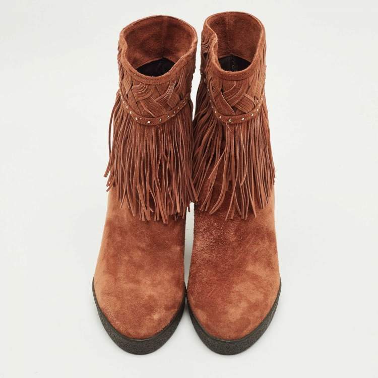 Pre Owned Le Silla Brown Suede Fringe Wedge Ankle Length Boots Size 36