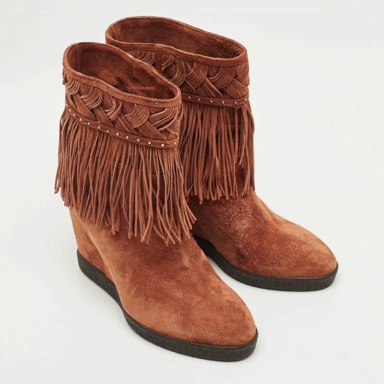 Pre Owned Le Silla Brown Suede Fringe Wedge Ankle Length Boots Size 36