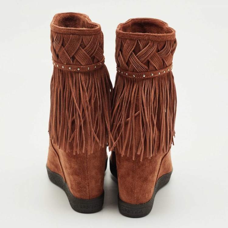 Pre Owned Le Silla Brown Suede Fringe Wedge Ankle Length Boots Size 36
