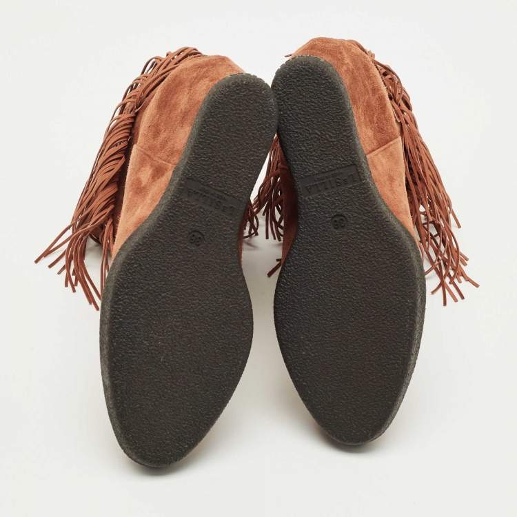 Pre Owned Le Silla Brown Suede Fringe Wedge Ankle Length Boots Size 36