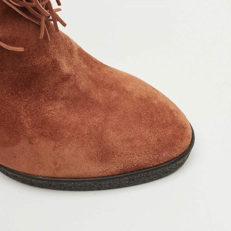 Pre Owned Le Silla Brown Suede Fringe Wedge Ankle Length Boots Size 36
