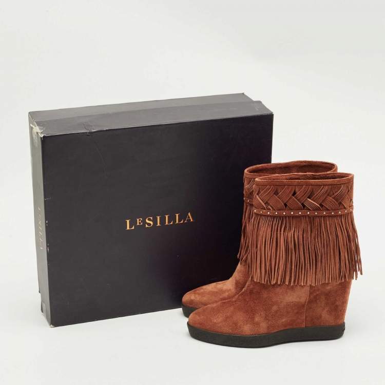 Pre Owned Le Silla Brown Suede Fringe Wedge Ankle Length Boots Size 36