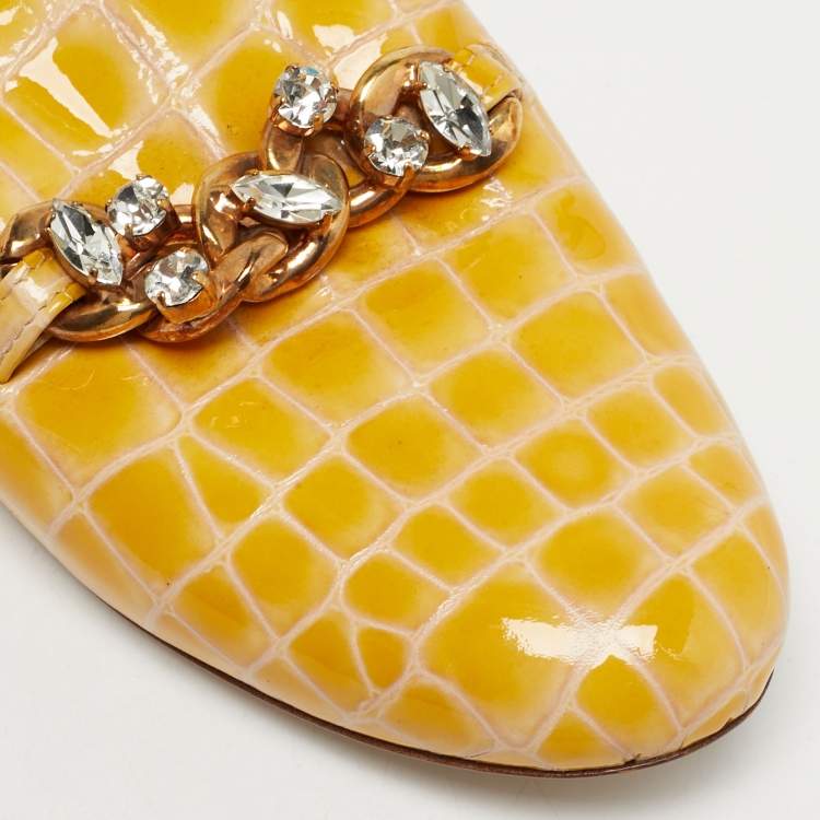 Pre Owned Le Silla Yellow Croc Embossed Patent Leather Crystal Embellished Chain Flat Mules Size 37