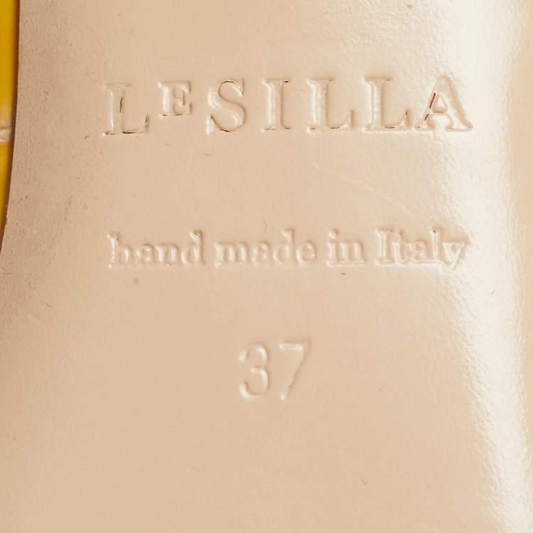 Pre Owned Le Silla Yellow Croc Embossed Patent Leather Crystal Embellished Chain Flat Mules Size 37