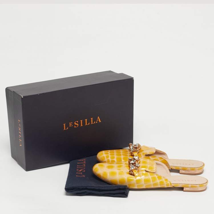 Pre Owned Le Silla Yellow Croc Embossed Patent Leather Crystal Embellished Chain Flat Mules Size 37