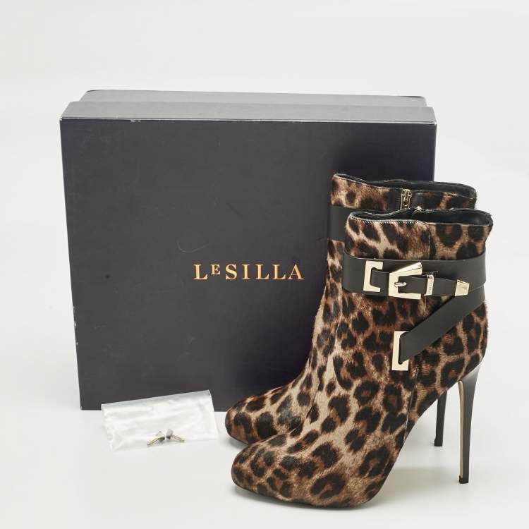 Pre Owned Le Silla Brown/Black Calf Hair and Leather Ankle Booties Size 38.5