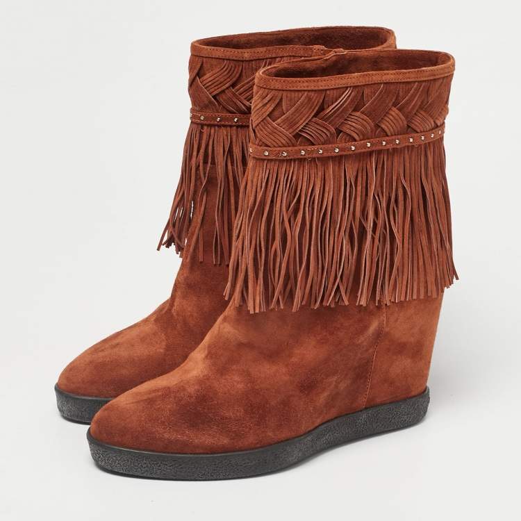 Pre Owned Le Silla Brown Suede Fringe Wedge Ankle Boots Size 37.5