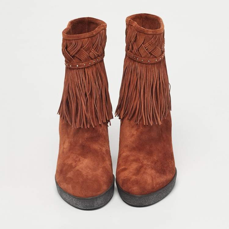 Pre Owned Le Silla Brown Suede Fringe Wedge Ankle Boots Size 37.5