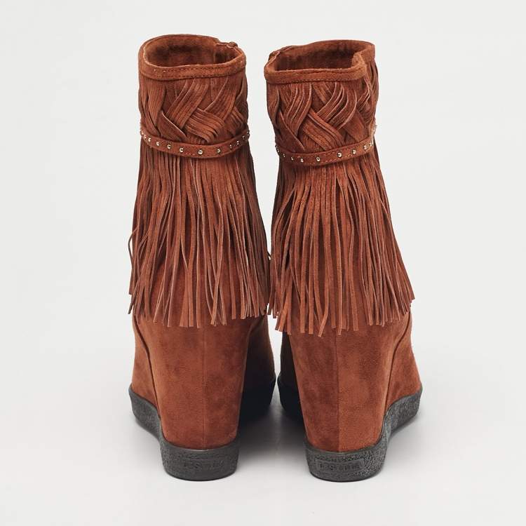 Pre Owned Le Silla Brown Suede Fringe Wedge Ankle Boots Size 37.5