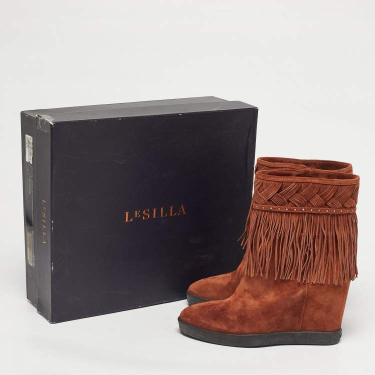 Pre Owned Le Silla Brown Suede Fringe Wedge Ankle Boots Size 37.5
