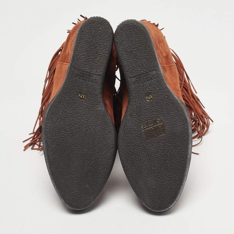 Pre Owned Le Silla Brown Suede Fringe Wedge Ankle Boots Size 37.5