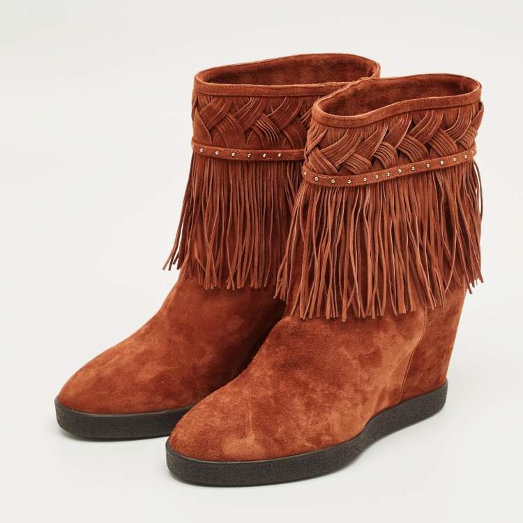 Pre Owned Le Silla Brown Suede Fringe Wedge Ankle Boots Size 38
