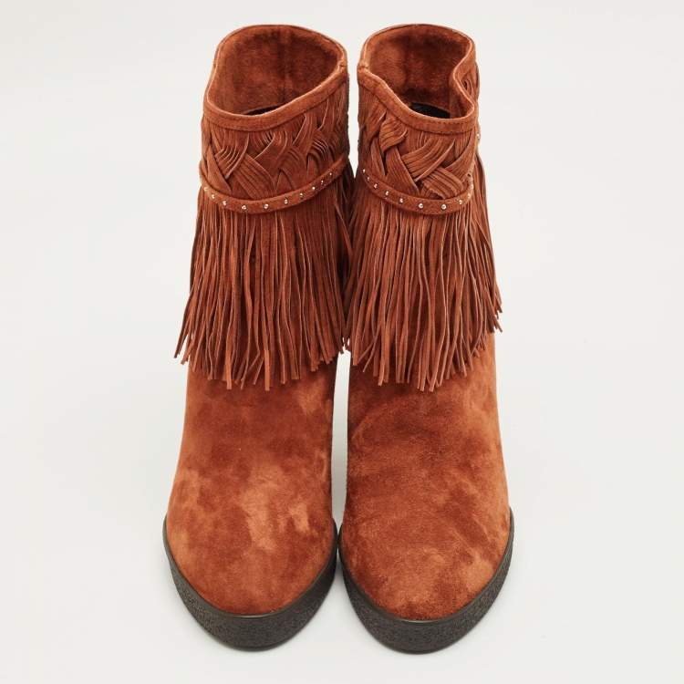 Pre Owned Le Silla Brown Suede Fringe Wedge Ankle Boots Size 38