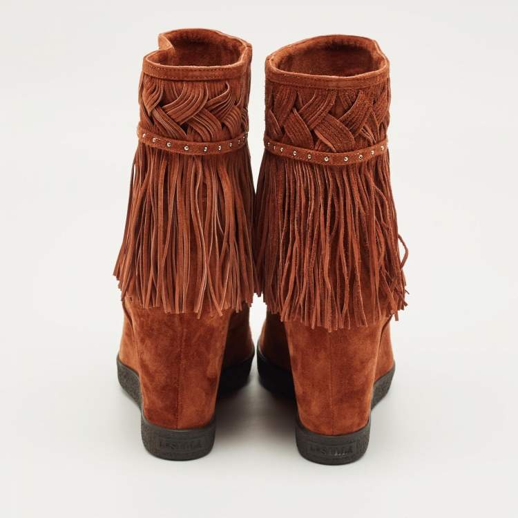 Pre Owned Le Silla Brown Suede Fringe Wedge Ankle Boots Size 38