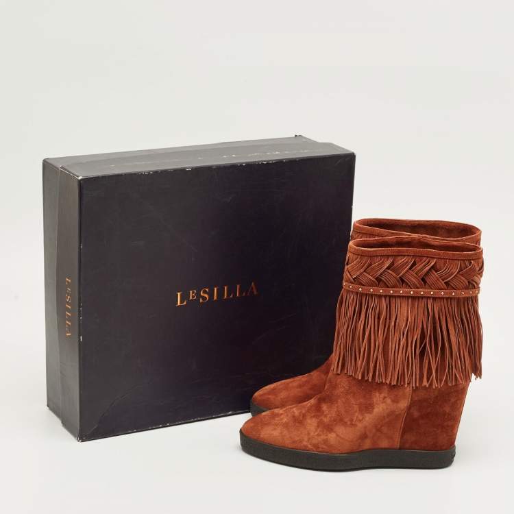 Pre Owned Le Silla Brown Suede Fringe Wedge Ankle Boots Size 38