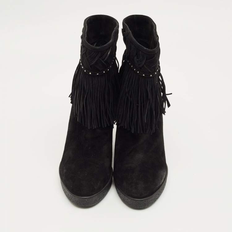 Pre Owned Le Silla Black Suede Fringe Wedge Ankle Boots Size 37
