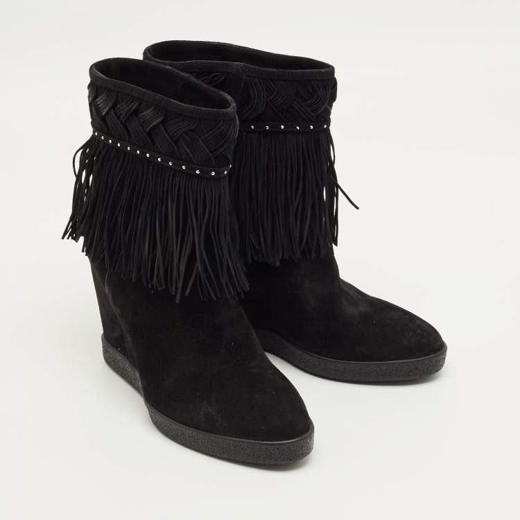 Pre Owned Le Silla Black Suede Fringe Wedge Ankle Boots Size 37