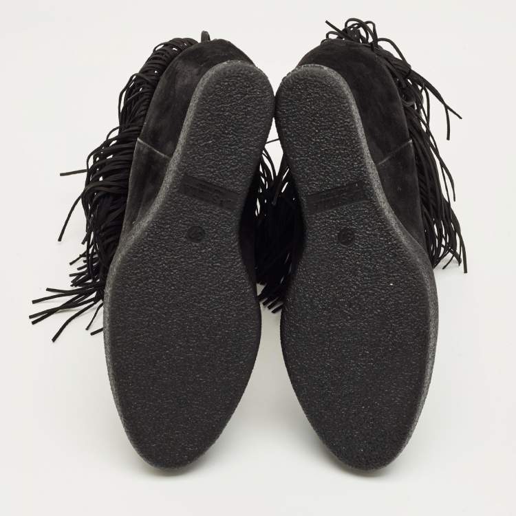 Pre Owned Le Silla Black Suede Fringe Wedge Ankle Boots Size 37
