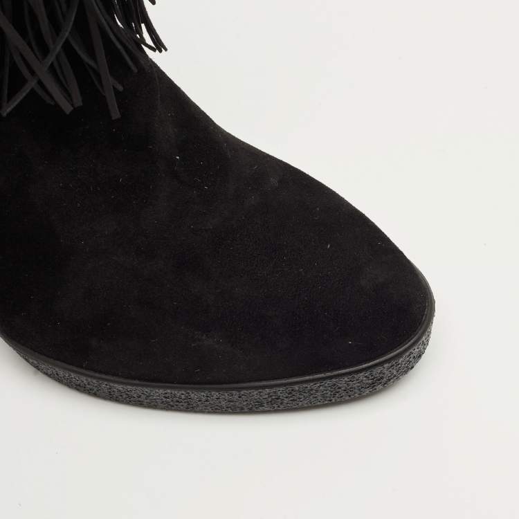 Pre Owned Le Silla Black Suede Fringe Wedge Ankle Boots Size 37