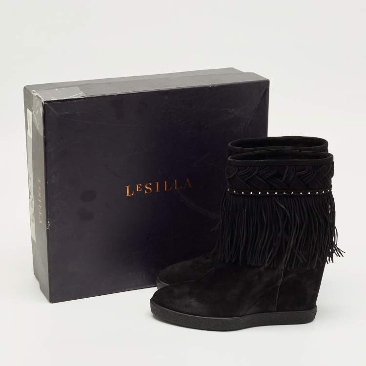 Pre Owned Le Silla Black Suede Fringe Wedge Ankle Boots Size 37