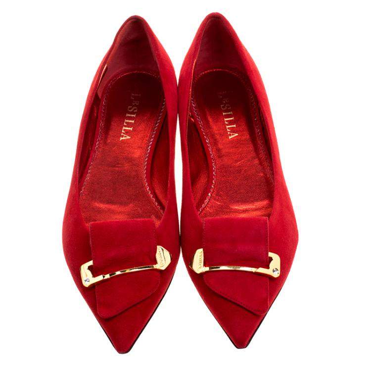 Pre Owned Le Silla Red Suede Safety Pin Brooch Pointed Toe Ballet Flats Size 38