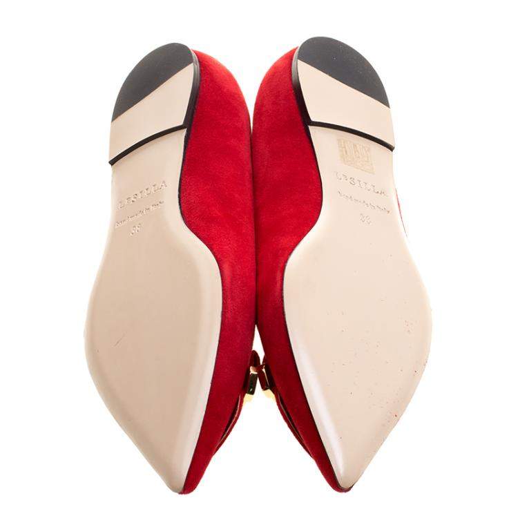 Pre Owned Le Silla Red Suede Safety Pin Brooch Pointed Toe Ballet Flats Size 38
