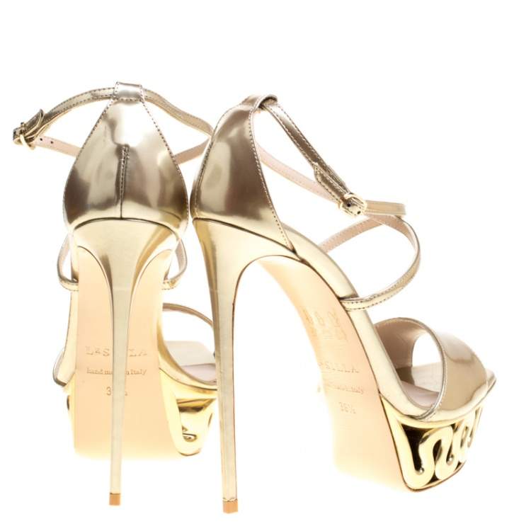 Pre Owned Le Silla Metallic Gold Leather Venus Cross Strap Platform Sandals Size 38.5