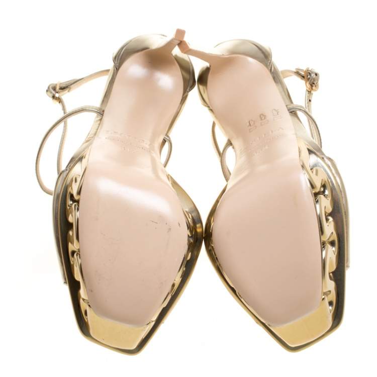 Pre Owned Le Silla Metallic Gold Leather Venus Cross Strap Platform Sandals Size 38.5
