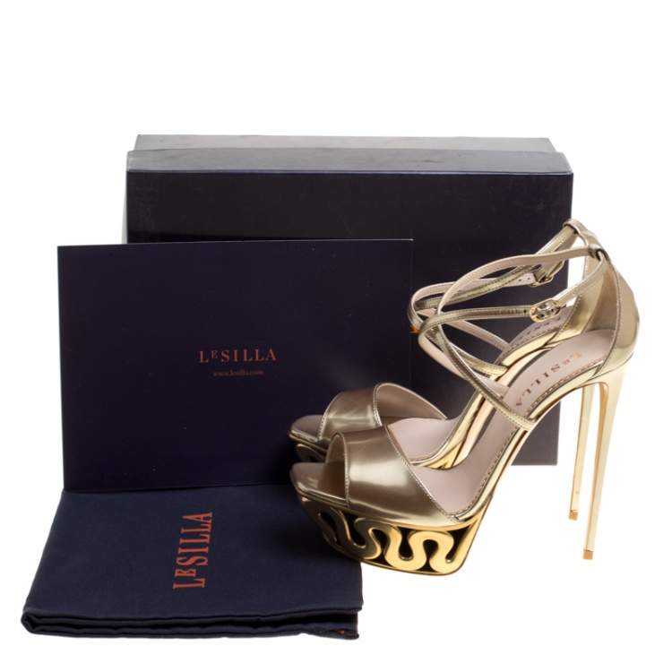 Pre Owned Le Silla Metallic Gold Leather Venus Cross Strap Platform Sandals Size 38.5