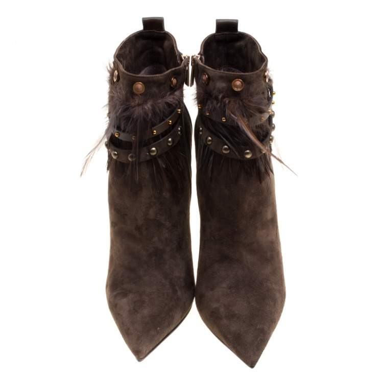 Pre Owned Le Silla Brown Suede Feather Trimmed Pointed Toe Ankle Boots Size 41