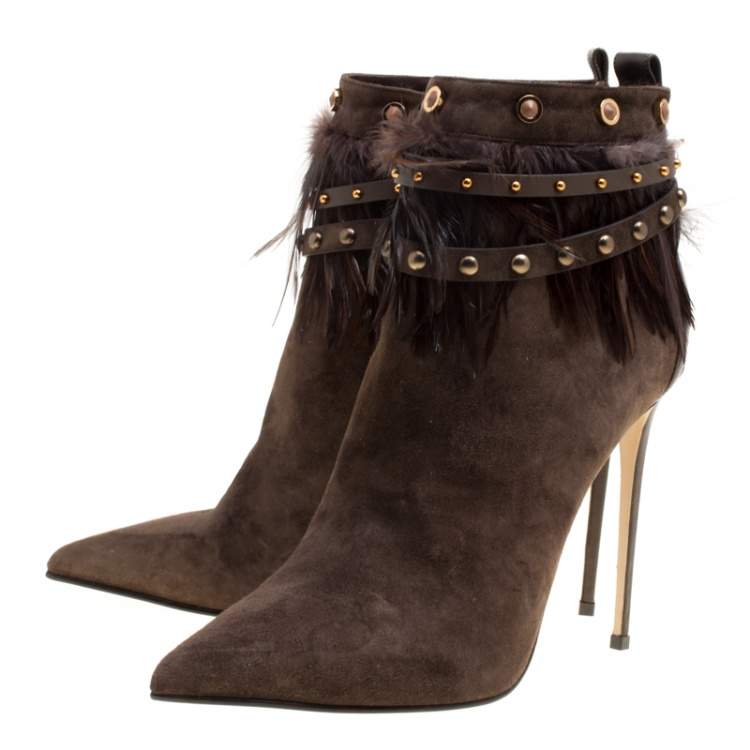 Pre Owned Le Silla Brown Suede Feather Trimmed Pointed Toe Ankle Boots Size 41