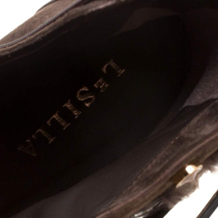 Pre Owned Le Silla Brown Suede Feather Trimmed Pointed Toe Ankle Boots Size 41