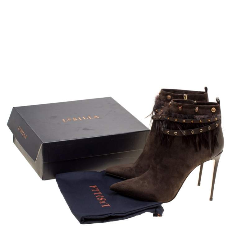 Pre Owned Le Silla Brown Suede Feather Trimmed Pointed Toe Ankle Boots Size 41