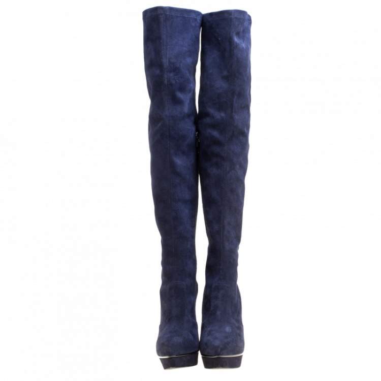 Pre Owned Le Silla Navy Blue Stretch Velour Knee High Pointed Toe Boots Size 40