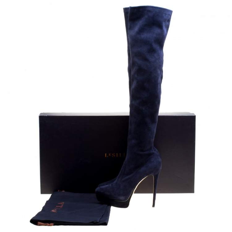 Pre Owned Le Silla Navy Blue Stretch Velour Knee High Pointed Toe Boots Size 40