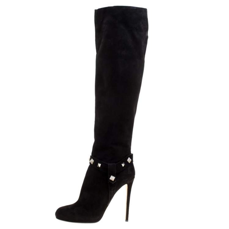 Pre Owned Enio Silla For Le Silla Black Suede Crystal Embellished Pyramid Studs Knee Length Boots Size 40