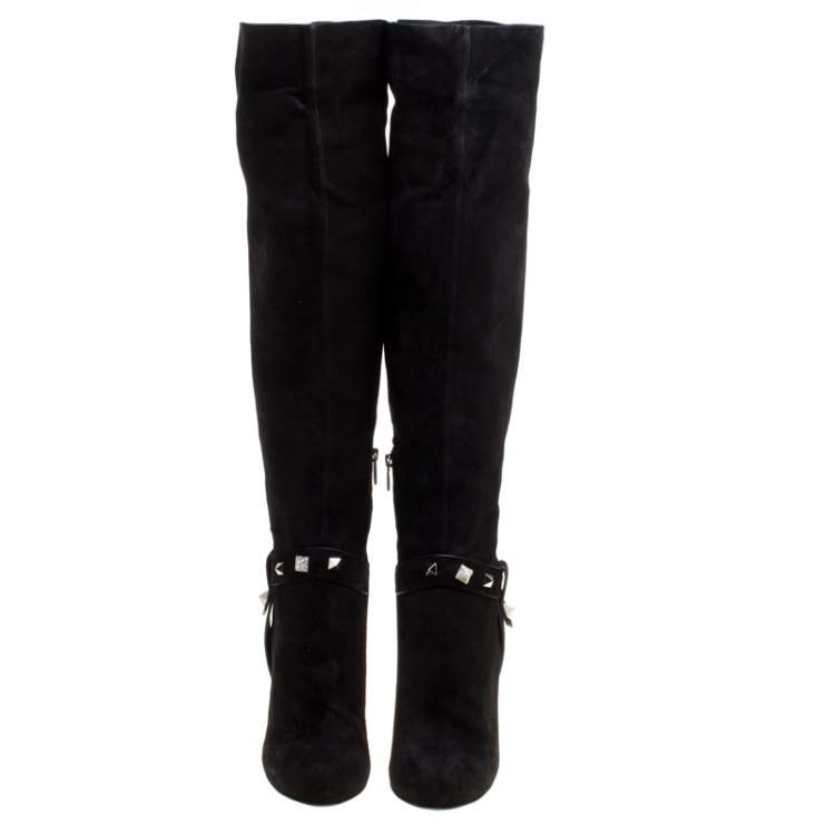 Pre Owned Enio Silla For Le Silla Black Suede Crystal Embellished Pyramid Studs Knee Length Boots Size 40