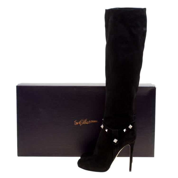 Pre Owned Enio Silla For Le Silla Black Suede Crystal Embellished Pyramid Studs Knee Length Boots Size 40
