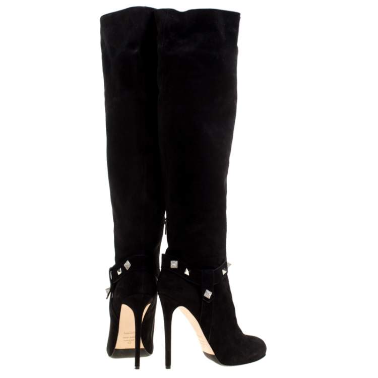 Pre Owned Enio Silla For Le Silla Black Suede Crystal Embellished Pyramid Studs Knee Length Boots Size 40