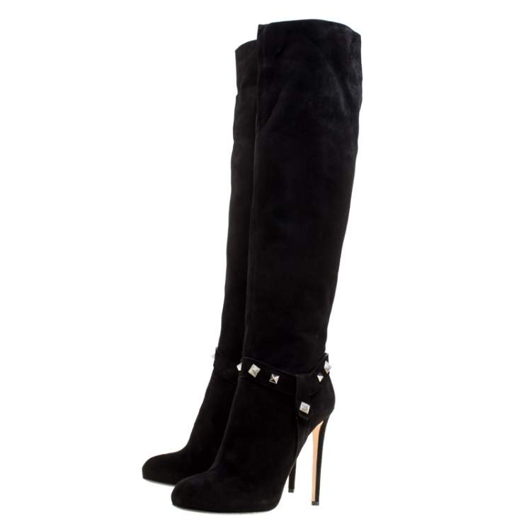 Pre Owned Enio Silla For Le Silla Black Suede Crystal Embellished Pyramid Studs Knee Length Boots Size 40