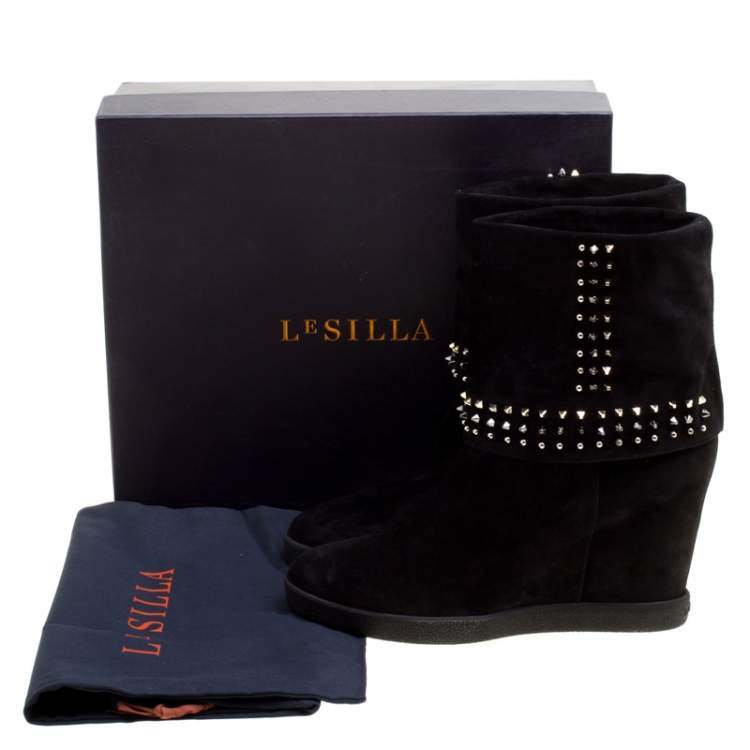 Pre Owned Le Silla Black Suede Studded Concealed Platform Boots Size 41