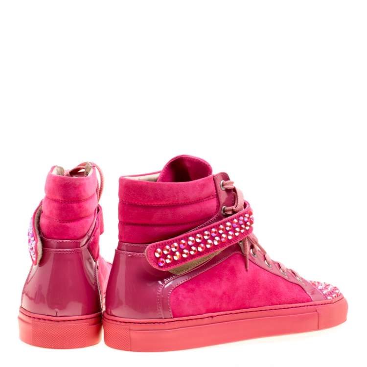 Pre Owned Le Silla Pink Suede And Patent Leather Crystal Embellished Cap Toe High Top Sneakers Size 40