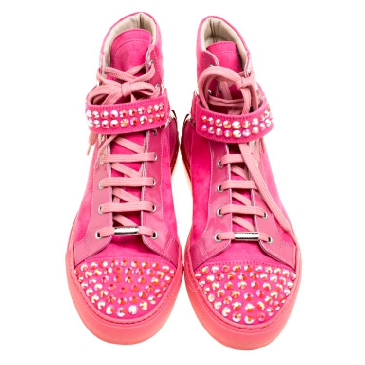 Pre Owned Le Silla Pink Suede And Patent Leather Crystal Embellished Cap Toe High Top Sneakers Size 40