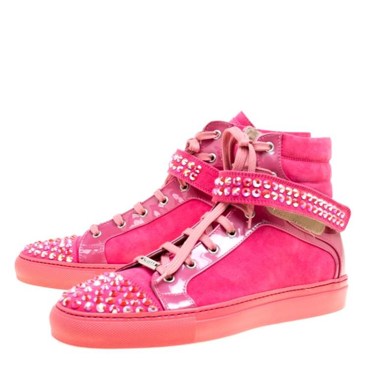 Pre Owned Le Silla Pink Suede And Patent Leather Crystal Embellished Cap Toe High Top Sneakers Size 40